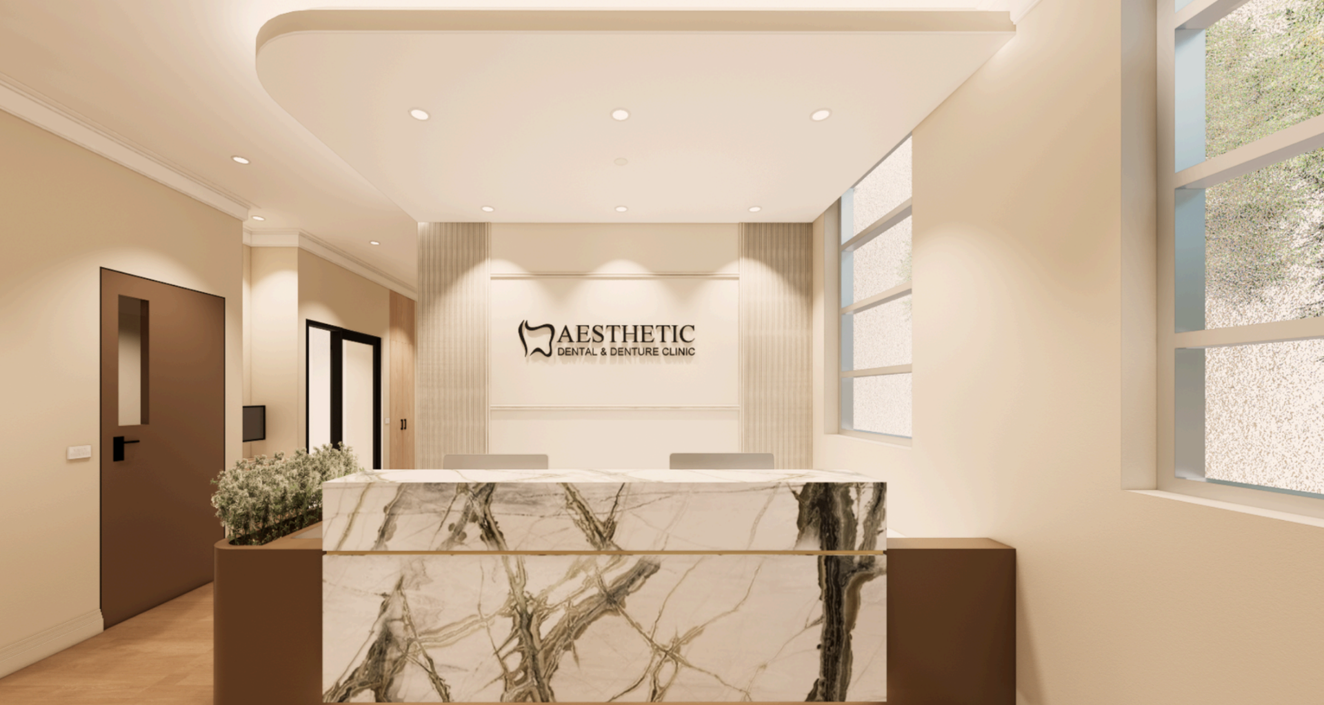 Clinic reception area with marble desk