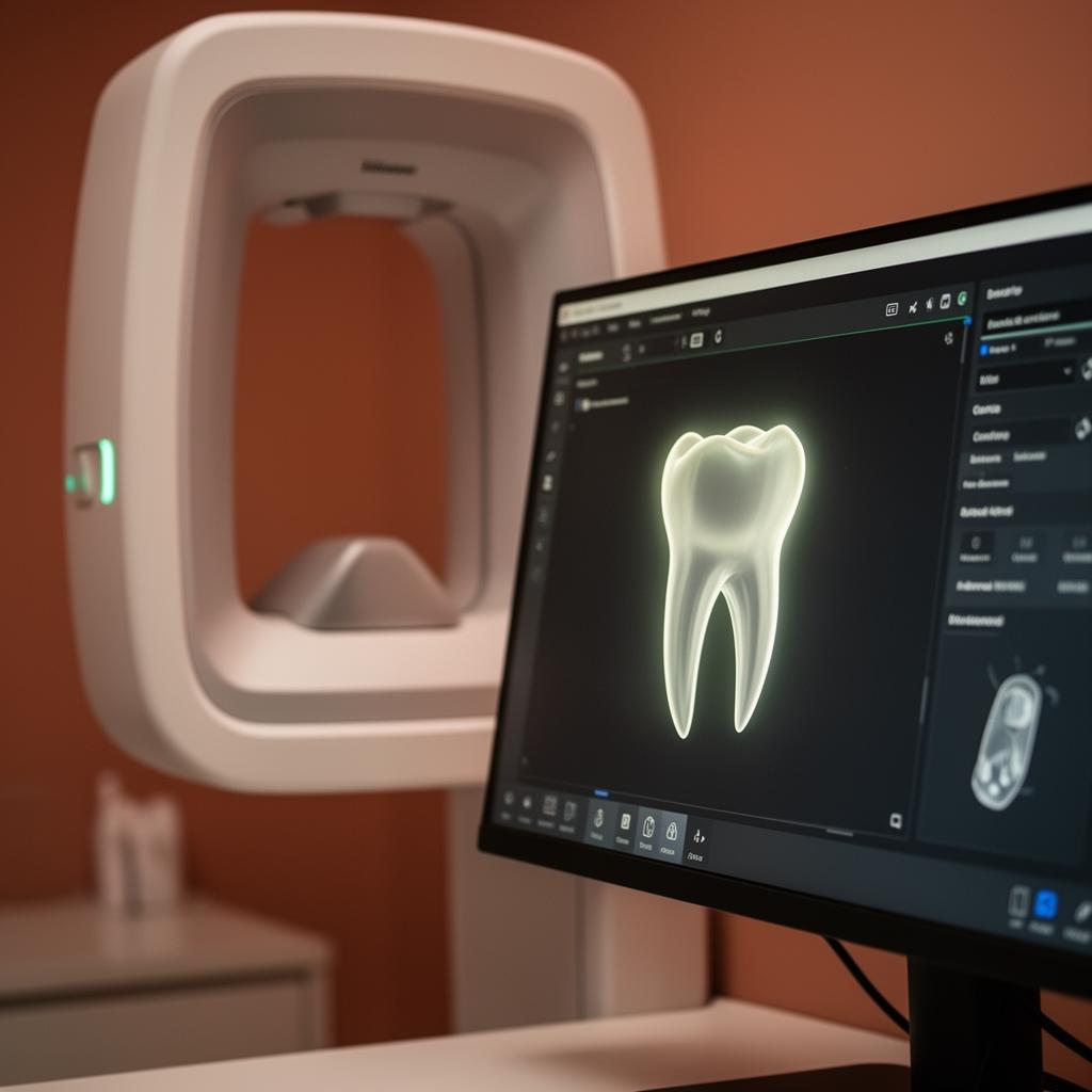 3D dental scanner with glowing tooth model on screen